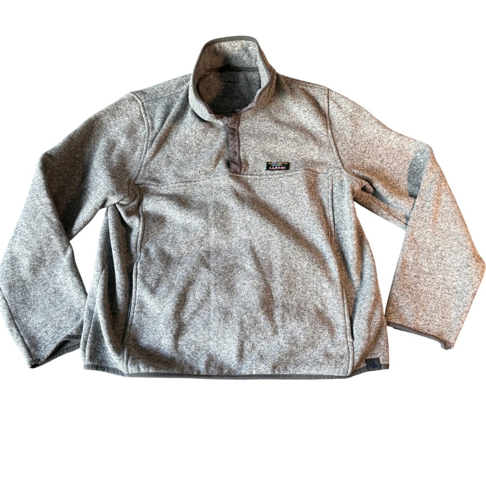 LL Bean Sweater Fleece Pullover Mens Large Gray Snap Neck 298050 Slightly Fitted
